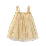 B91xZ Tulle Prom Dresses Floral Dresses Sleeveless Daisy Casual Beach Summer Dress Kids Layered Dresses for Girl Party Wedding Yellow 3-4 Years