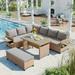 5-Piece Outdoor Patio Rattan Sofa Set Garden PE Wicker L-Shaped Sectional Sofa with Rectangular Coffee Table 2 Extendable Side Tables and Removable Cushions for Backyard Poolsid Brown