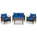 4-Piece Outdoor Sofa Set PE Rattan Patio Sofa Set with 2 Single Chair 1 Loveseat and 1 Wood Table Patio Furniture Set with Solid Legs for Pool Side Backyard Garden Blue