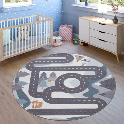 Kids Rug Mountain Road with Bears & Trees - Non Slip Playmat in Blue