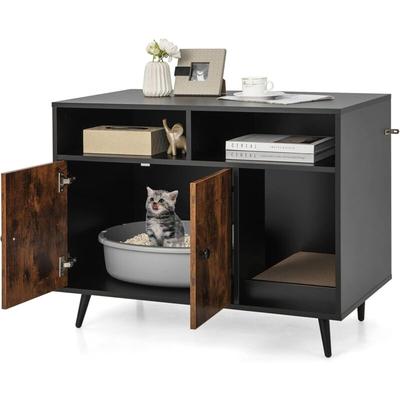 Katzenschrank Katzentoilette mit Kratzunterlage & Doppeltüren, Katzenhaus mit offenem Regal & 2 Image