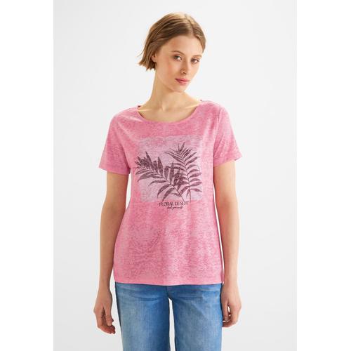 T-Shirt STREET ONE Gr. 42, lila (strong berry shake) Damen Shirts Jersey mit Burnout-Optik