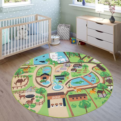 Kinderteppich PACO HOME ""Bino 563"" Teppiche Gr. Ø 160cm, 4mm, beige Kinder Kurzflor, Straßen-Spiel-Teppich, Motiv Zoo, Kinderzimmer