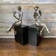 Vintage Handmade Pair of Bookends Silver Toned Man Reading a Book on Dark Wooden Block