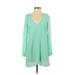 TOBI Casual Dress - A-Line Plunge Long sleeves: Green Print Dresses - Women's Size Small