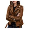 Ecqkame Women s Faux Leather Belted Motorcycle Jacket Long Sleeve Zipper Fitted Fall and Winter Fashion Moto Bike Short Jacket Coat Bown M