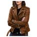 Stamzod Women s Faux Leather Belted Motorcycle Jacket Long Sleeve Zipper Fitted Fall and Winter Fashion Moto Bike Short Jacket Coat Bown M