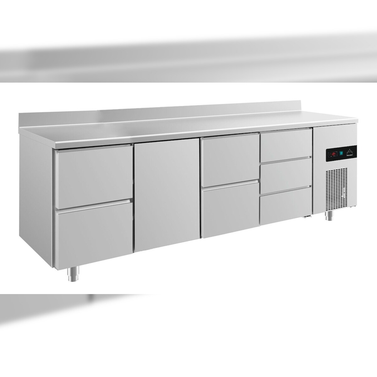 Gastro Kühltisch je 2 Schubladen links&Mitte 3 Schubladen rechts 1 Tür Mitte, Aufkantung, Umluftkühlung 2330x700x850mm -2/+8°C Image