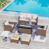 7/9-Seat Patio Furniture Wicker Rattan Outdoor High-back Sectional Sofa Conversation Set with Firepit Table