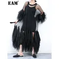 EAM-Robe longue noire à volants pour femmes grande taille col rond manches trois-quarts adt fit
