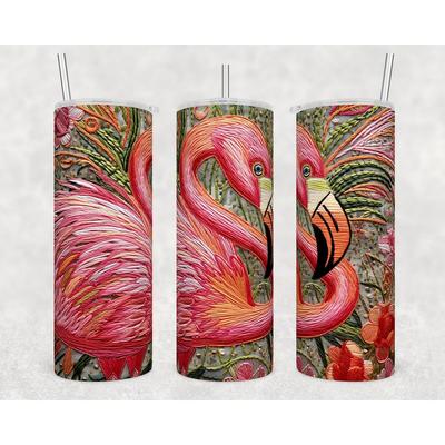 Bright Pink Flamingo Embroidery Look 20 Oz Skinny Metal Tumbler w/Lid and Straw - Multi