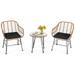 Patiojoy 3PCS Patio Rattan Furniture Set with Round Tempered Glass Top Table & 2 Rattan Armchairs Black Cushions