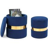 Homebeez Round Velvet Storage Ottoman Vanity Stool Modern Upholstered Footstool Blue Pack of 2