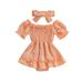 Infant Baby Girls Romper Set Short Sleeve Off-shoulder Pleated Jacquard A-line Dress with Headband