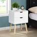 Side Table with 2 Drawer and Rubber Wood Legs, Mid-Century Modern Storage Cabinet for Bedroom Living Room Furniture