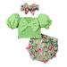 9 Months Baby Girls Clothes 12 Months Girls 3PCS Summer Outfits Set Infant Girls Bubble Sleeve Top Shorts Headband Set Green