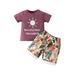 Qtinghua Infant Baby Boy 2Pcs Summer Clothes Short Sleeve T-Shirt Drawstring Leaves Print Shorts Outfits Purple 12-18 Months