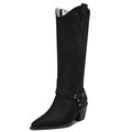 Aachcol Women Western Cowboy Boots Mid Calf Pull-Up Pointed Toe Chunky Block Mid Heel Dress Shoes Suede Zipper Black 6.5 CM 4.5 UK