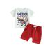 4th of July Independence Day Outfit Baby Boys Short Sleeve Letters Dinosaur Print T-Shirt with Solid/Striped Shorts Set