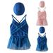 Gubotare Fashion Girls Quick Dry Princess Mesh Swimsuit Suit Skirt With Swimming Cap 1 Piece Bathing Suit for Girls Blue 2-3 Years