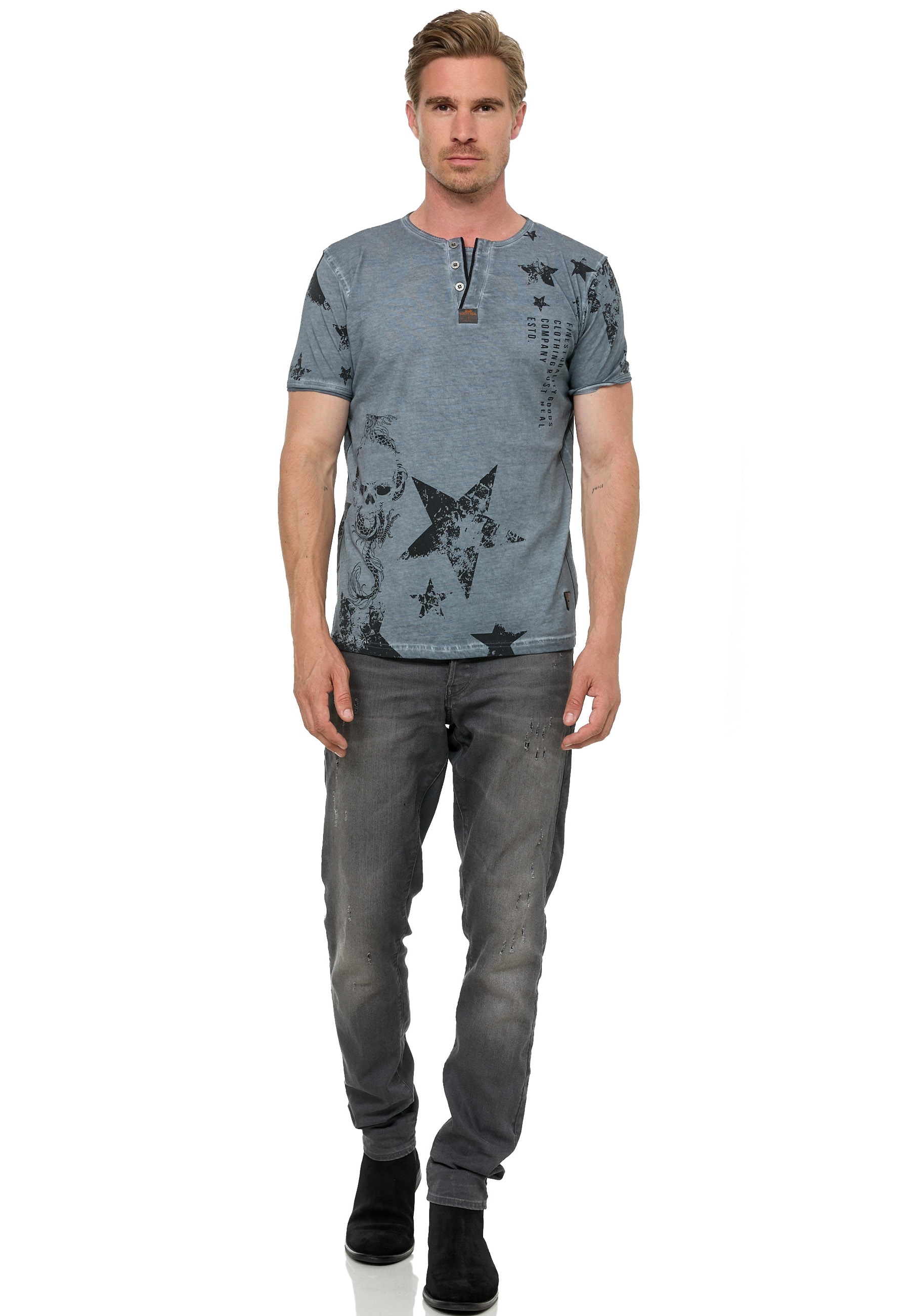 T-Shirt RUSTY NEAL, Herren, Gr. XXL, grau (anthrazit), 100% Baumwolle, bedruckt, normal, ohne Ausschnitt, Shirts, mit Skull-Print und Knopleiste Image