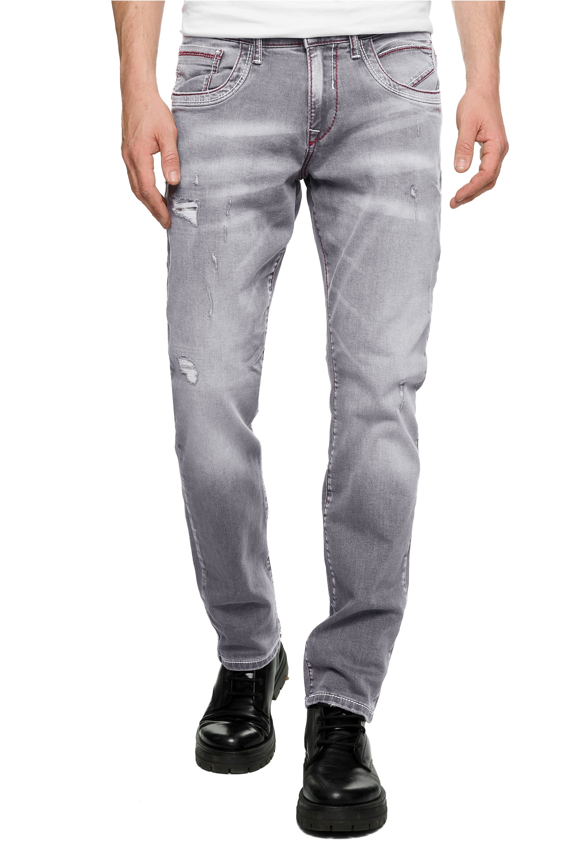 Straight-Jeans RUSTY NEAL "ODAR", Herren, Gr. 38, US-Größen, grau, 98% Baumwolle, 2% Elasthan, unifarben, lang, Jeans Straight-Jeans, Mit farblich abgesetzten Ziernähten