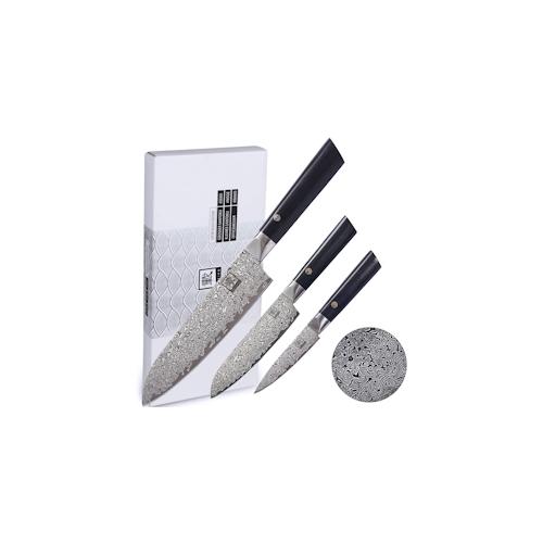 Zayiko 3er Damastmesser-Set | Klingen von 9 cm bis 18 cm | Serie Black Edition