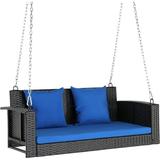 VINGLI 800 lbs Wicker Porch Swing Outdoor with Cushions & Extra Long Chains 4FT Rattan Swing Bench Black