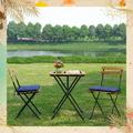 Solid Teak Wood Bistro Set Folding Table And Chair Set Power Coating Frame Patio Set With Waterproof Navy Cushion