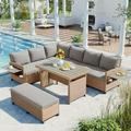 Churanty Patio Rattan L-Shaped Sofa Set Outdoor Sectional PE Wicker Set with Extendable Side Tables Dining Table and Cushion for Backyard Graden Brown