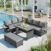 Churanty Patio Rattan L-Shaped Sofa Set Outdoor Sectional PE Wicker Set with Extendable Side Tables Dining Table and Cushion for Backyard Graden Gray