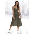 Sommerkleid LASCANA, Damen, Gr. 44, N-Gr, grün (khaki), Web, Obermaterial: 58% Viskose, 28% Baumwolle, 14% Leinen, unifarben, modisch, figurumspielend Midi, V-Ausschnitt, ohne Ärmel, Kleider, aus Leinenmix mit Baumwolle, Midikleid, Strandkleid,...