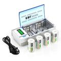 EBL D Cell Batteries 10 000mAh Rechargeable D Batteries (4 Pack) + LCD Smart Battery Charger for C D AA AAA 9V Ni-MH Ni-CD Batteries