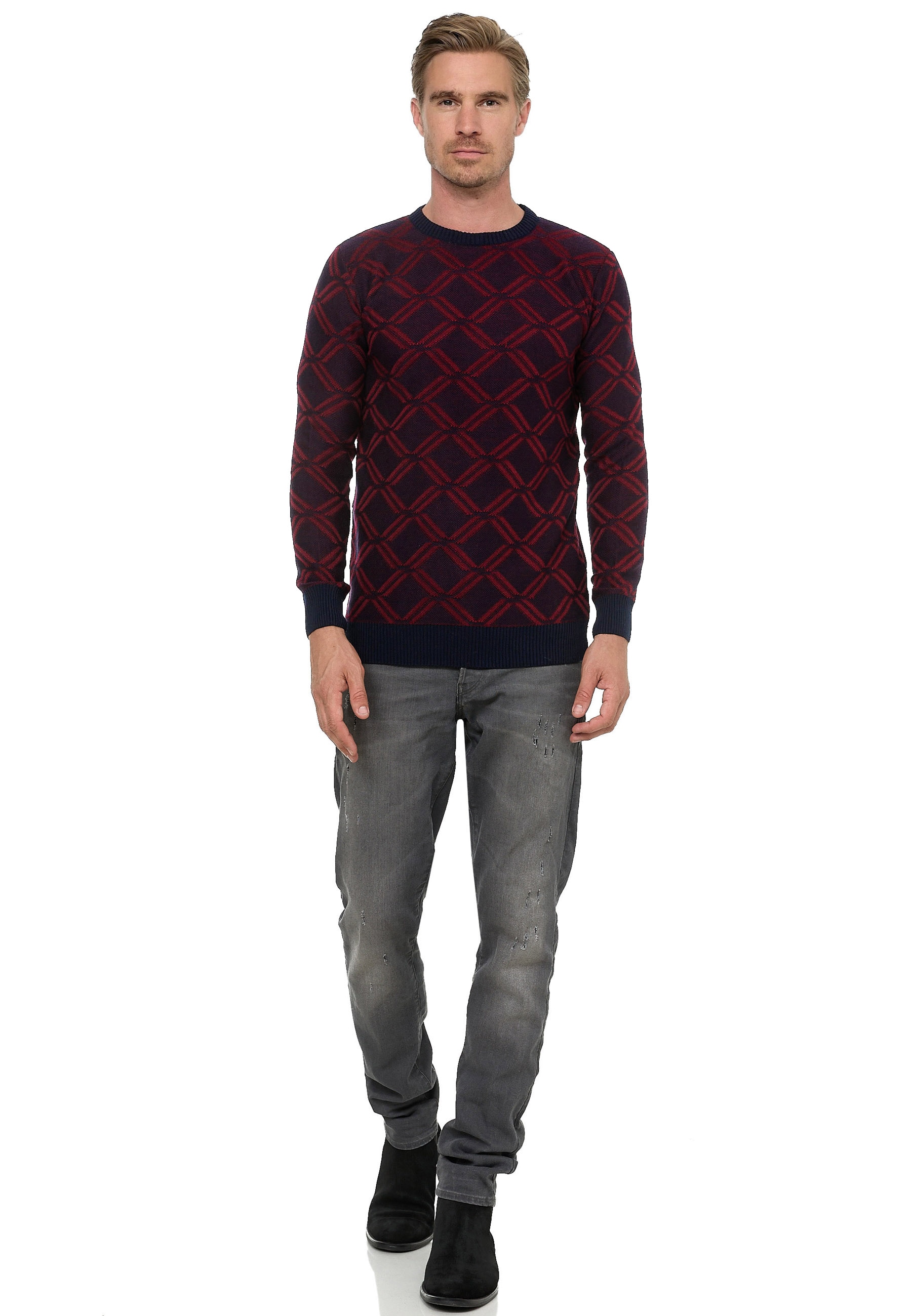 Strickpullover RUSTY NEAL, Herren, Gr. L, blau (blau, rot), 70% Polyacryl, 30% Baumwolle, unifarben, normal, Rundhals, Pullover, in tollem Karo-Design Image