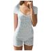 Pajamas Romper Women One Piece Sleepwear Loose Sleep Jumpsuit Fashion Women s Summer Short Casual Printed V-neck Sling One-piece Shorts Jumpsuit Light Blue L