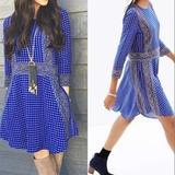 Madewell Dresses | Madewell Blue Geo Print Boho Silk Dress Size Xs X Small 3/4 Sleeve Pockets | Color: Blue | Size: Xs