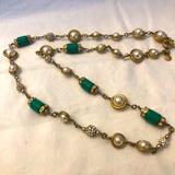 J. Crew Jewelry | J. Crew Green Barrel Pearl Pave Rhinestones Beaded Necklace Goldtone | Color: Gold/Green | Size: 29”