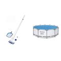 Bestway Flowclear™ Poolpflege Basis-Set, AquaClean, mit pumpenbetriebenem Poolsauger & Kescher, Weiß & Flowclear™ Solarabdeckplane, Ø 356 cm, für runde 366 cm und 396 cm Aufstellpools, blau