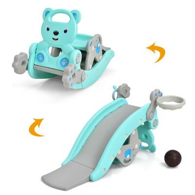 Costway 4-in-1 Toddler Slide and Rocking Horse Playset with Basketball Hoop-Blue