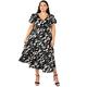 Lovedrobe Damen Womens Dress for Summer Plus Size Curve Midi Plunging Neckline Faux Wrap Puffed Sleeved Back Lace High Waist Kleid, Marble Print, 22