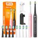 Bitvae Electric Toothbrushes 2 Pack Sonic Toothbrush with Holders, Dual Ultrasonic Electronic Toothbrush 8 Brush Heads 5 Modes, Rechargeable Power Toothbrush for 30 Days Using, Black & Pink