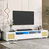 Rattan Style Entertainment Center with Push to Open Doors 3-pics Extended TV Console Table for TVs Up to 90â€� Modern TV Stand with Color Changing LED Lights for Home Theatre White