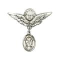 Sterling Silver Baby Badge with St. Raymond Nonnatus Charm and Angel w/Wings Badge Pin 1 1/8 X 1 1/8 inches