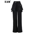 EAM-Pantalon taille haute en cuir irrégulier pour femme pantalon long et large noir mode
