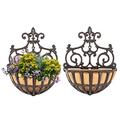 Sungmor 2 Pack Wall Hanging Planter Basket with Fabric Liner, Antique Victoria Style Cast Iron Planter Indoor Wall Mounted Holder, Outdoor Railing Fence Balcony Hanging Flower Pots Half Round Baskets