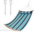 COSTWAY Outdoor Double Folding Hammock with Detachable Pillow and Hanging Straps, Portable Cotton Hammock Seat Swing Bed for Garden Patio Beach Camping (Blue Stripe, Curved Bamboo Spread Bars)
