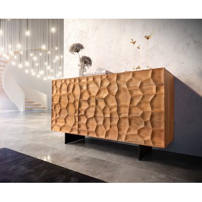 DELIFE Sideboard Solu 145 cm Akazie Natur 2 Türen 3 Schübe Fuß schwebend Metall Schwarz 3D-Front, Sideboards Image