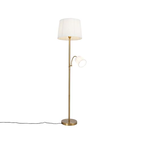 Klassische Stehlampe bronzefarbener Stoffschirm weiß mit Leselampe - Retro
