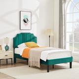 VECELO, Upholstered Platform Bed Frame with Nailhead Trim Adjustable Height Headboard and Wood Slats, Twin/Full/Queen-Dark Green