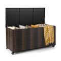 Costway 96 Gallon PE Wicker Outdoor Storage Box with 4 Wheels-Brown